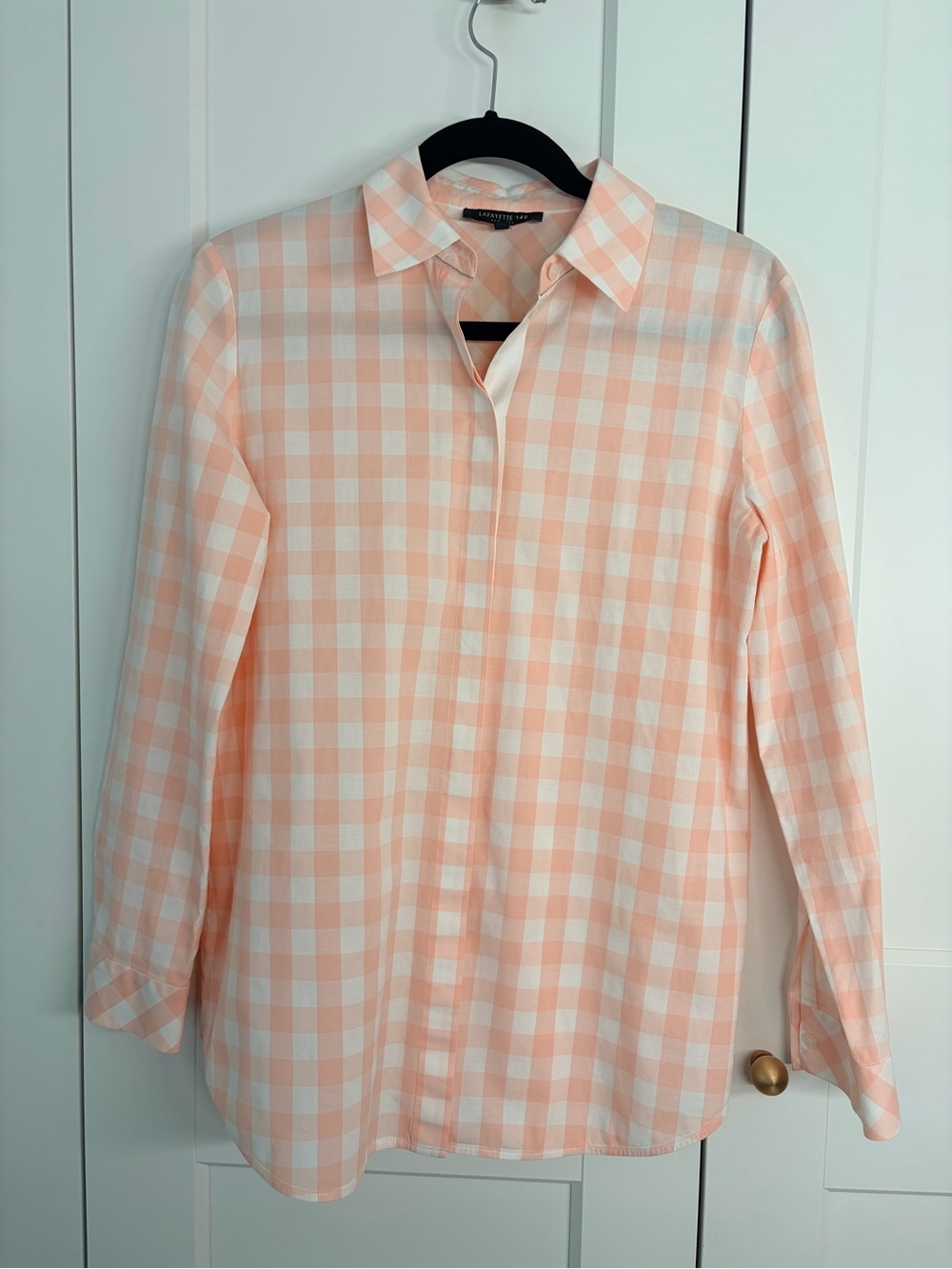 Lafayette 148 New York Peach and White Gingham Button-Up Shirt | S - Picture 1 of 4